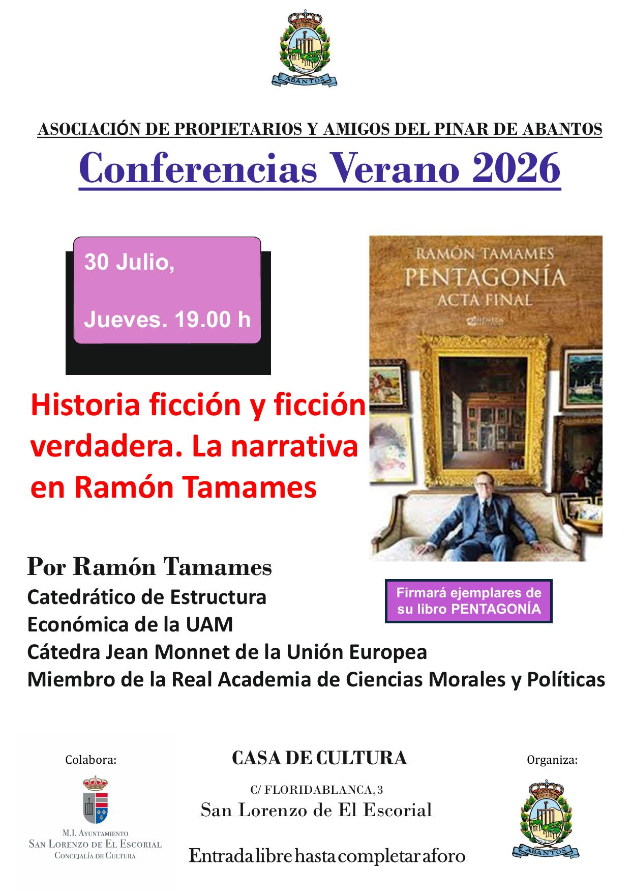 Cartel de la conferencia de Ramón Tamames del 30 de julio de 2026