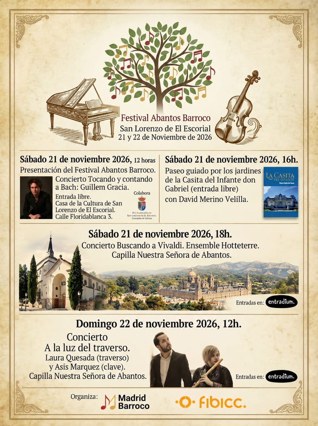 Cartel del Festival Abantos Barroco, San Lorenzo de El Escorial, 21 y 22 de noviembre de 2026, con los conciertos de la Capilla de Nuestra Señora de Abantos