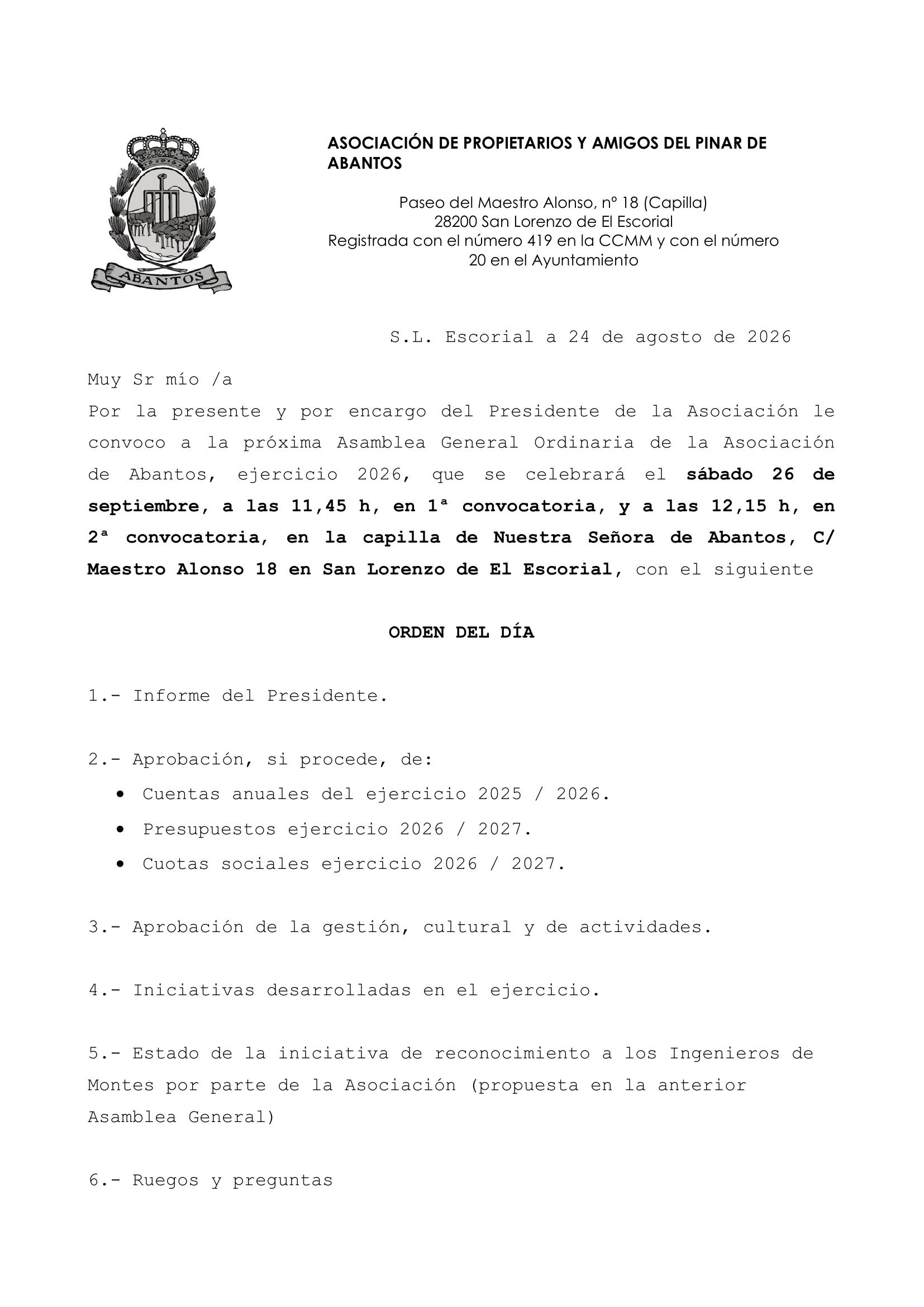 Cartel de convocatoria de la Asamblea General Ordinaria del 26 de septiembre de 2026