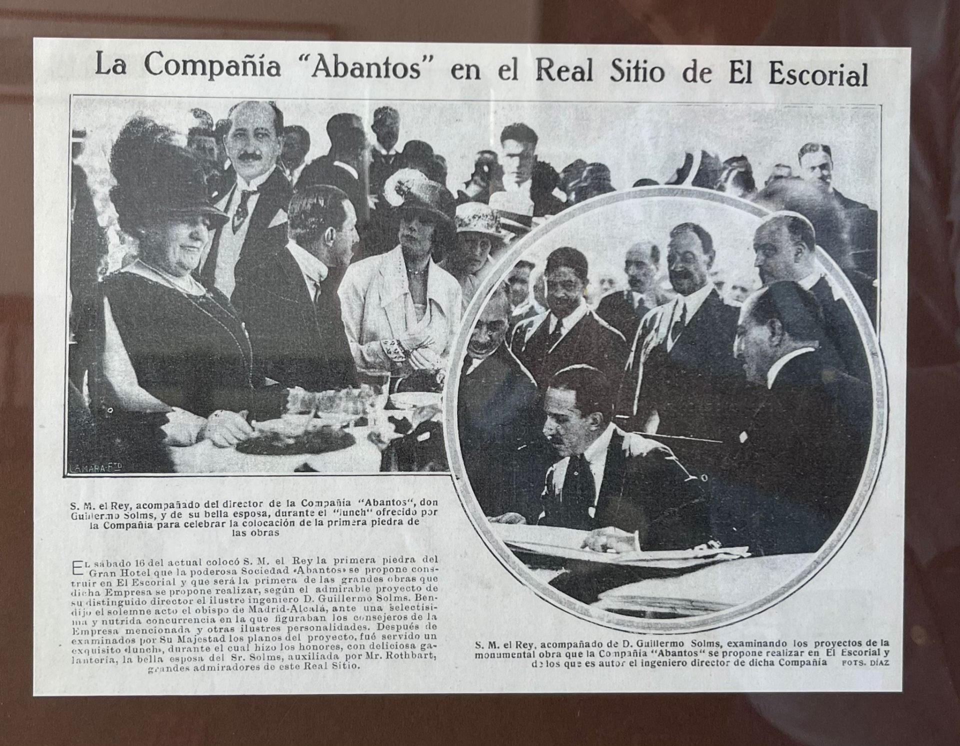 Recorte de prensa: La Compañía Abantos en el Real Sitio de El Escorial, con S.M. el Rey Alfonso XIII en la colocación de la primera piedra